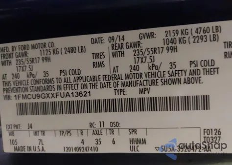 2015 Ford Escape Se z USA, uszkodzony, nr VIN 1FMCU9GXXFUA13621